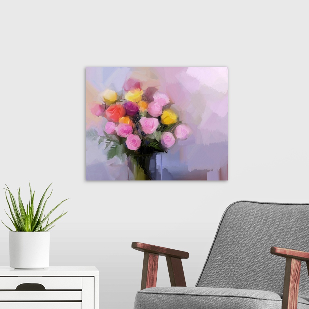 A modern room featuring Still life a bouquet of flowers. Originally an oil painting red and yellow rose flowers in vase. ...