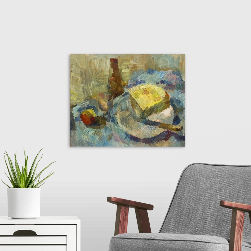 A modern room featuring Originally an oil painting of still life. Bottle opener, cheese, apple and glass in pastel colors...