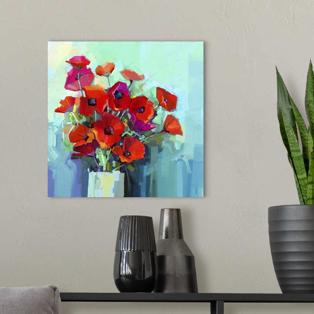 A modern room featuring Originally an oil painting - still life of red and pink color flower. Colorful bouquet of poppy f...