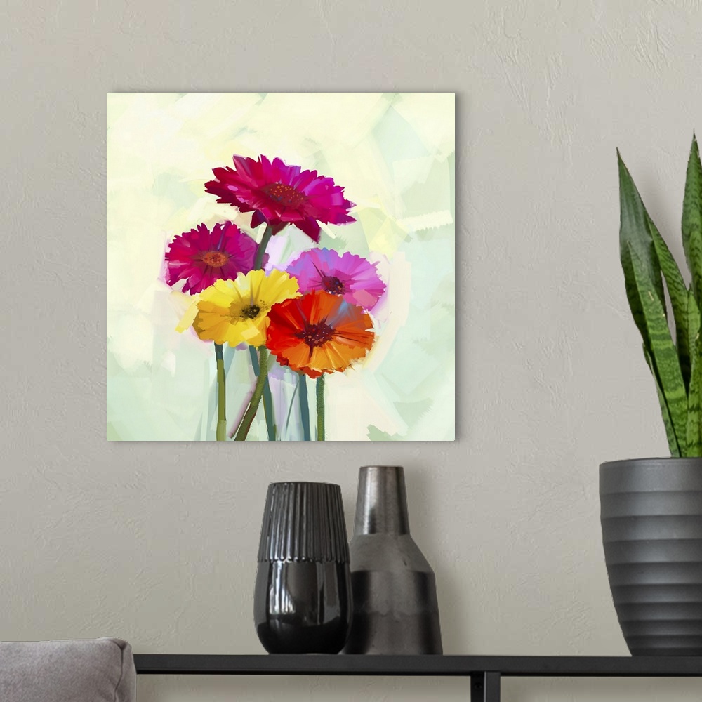 A modern room featuring Still life of yellow and red gerbera flowers. Originally an oil painting of spring flowers. Origi...