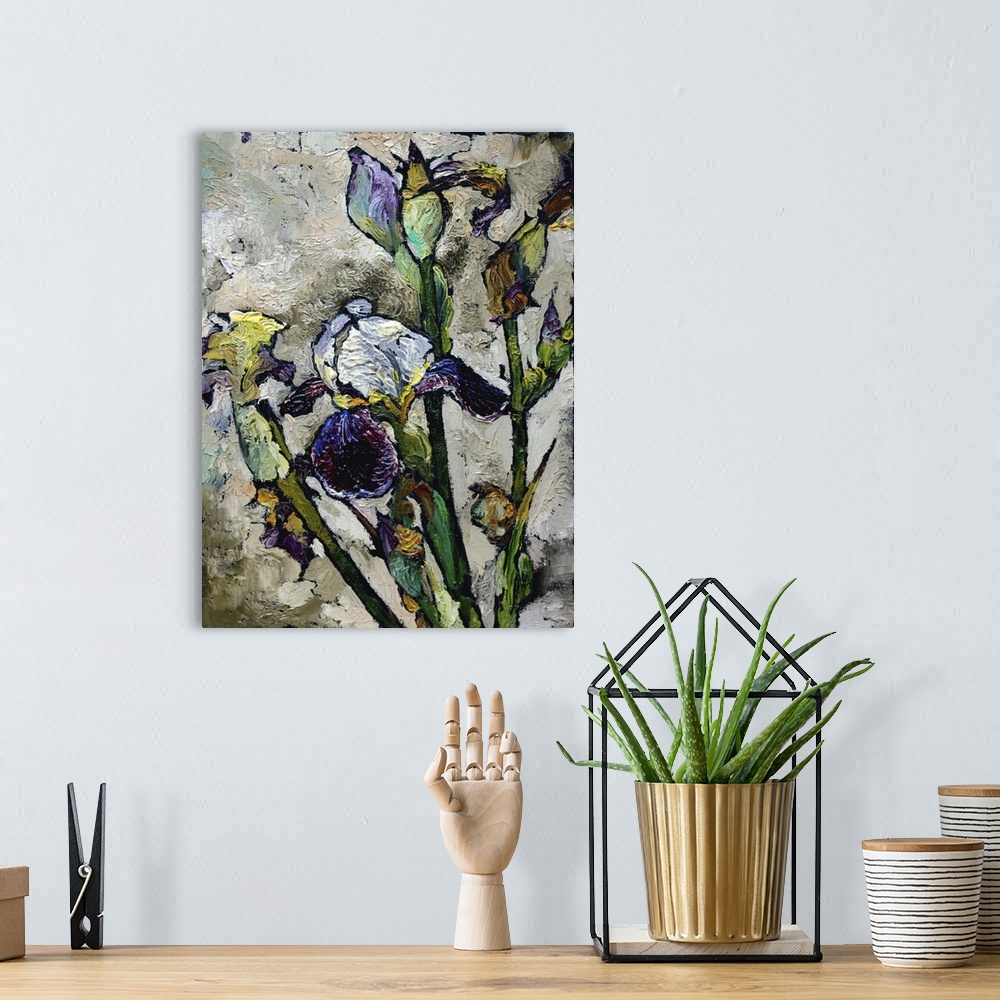 A bohemian room featuring Still Life With Blue Violet Irises