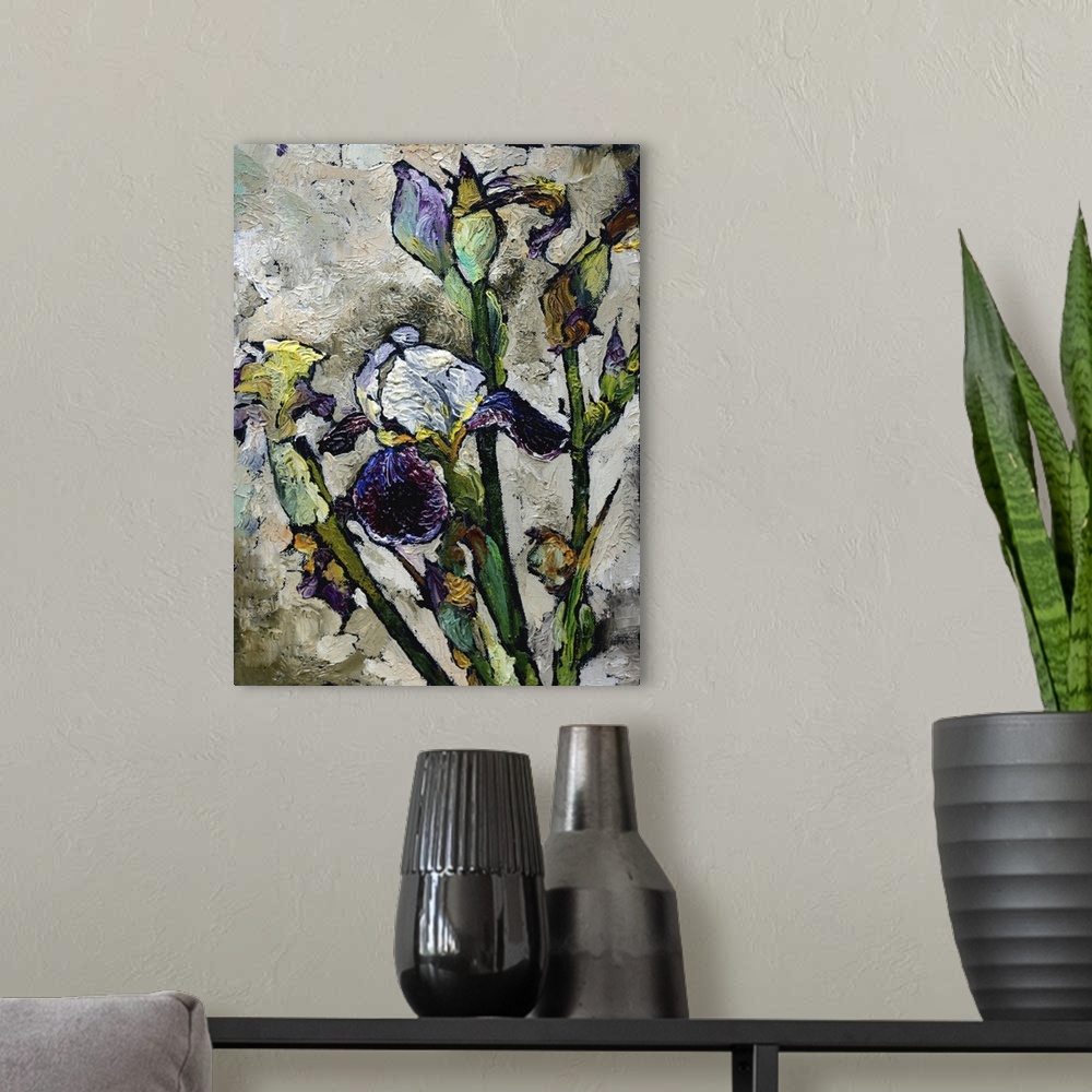 A modern room featuring Still Life With Blue Violet Irises
