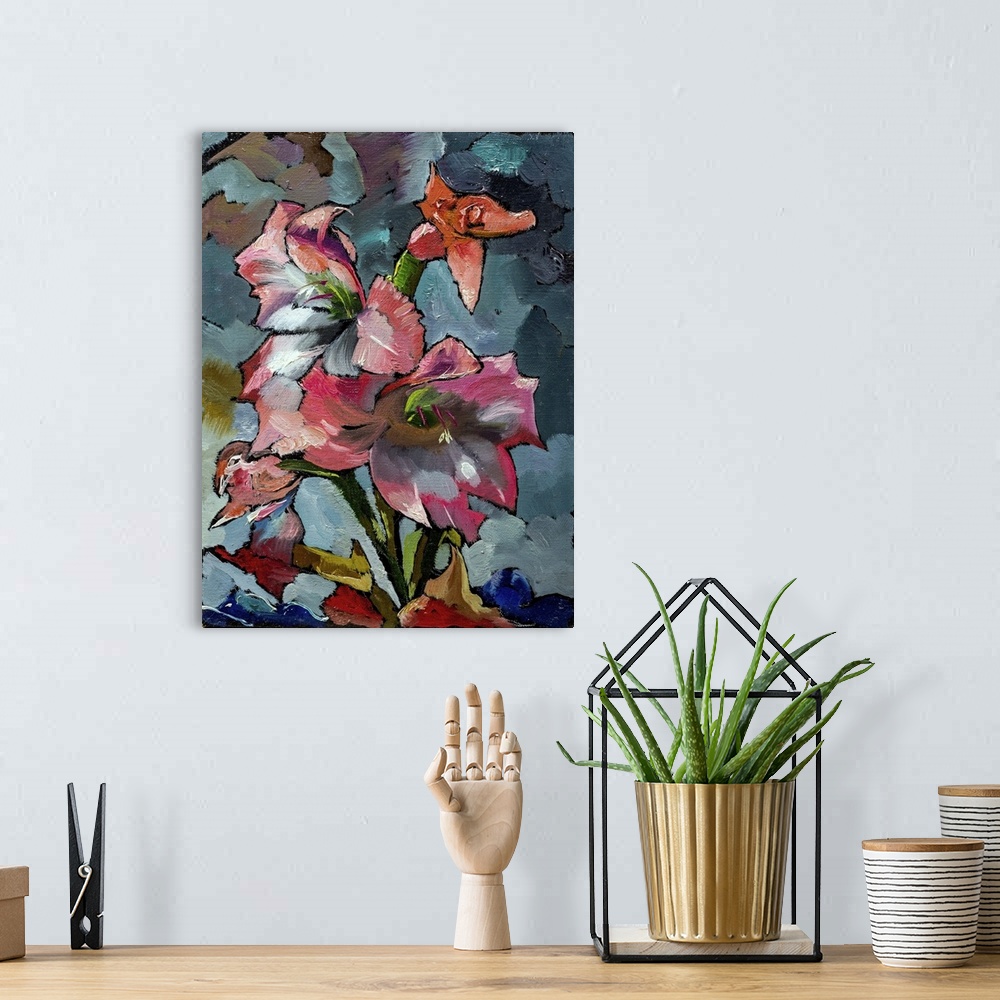 A bohemian room featuring Originally an oil painting of still life with orange and pink irises. Flowers in shade of black g...