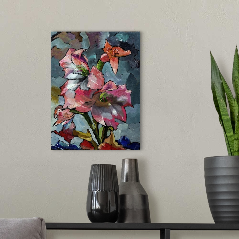 A modern room featuring Originally an oil painting of still life with orange and pink irises. Flowers in shade of black g...