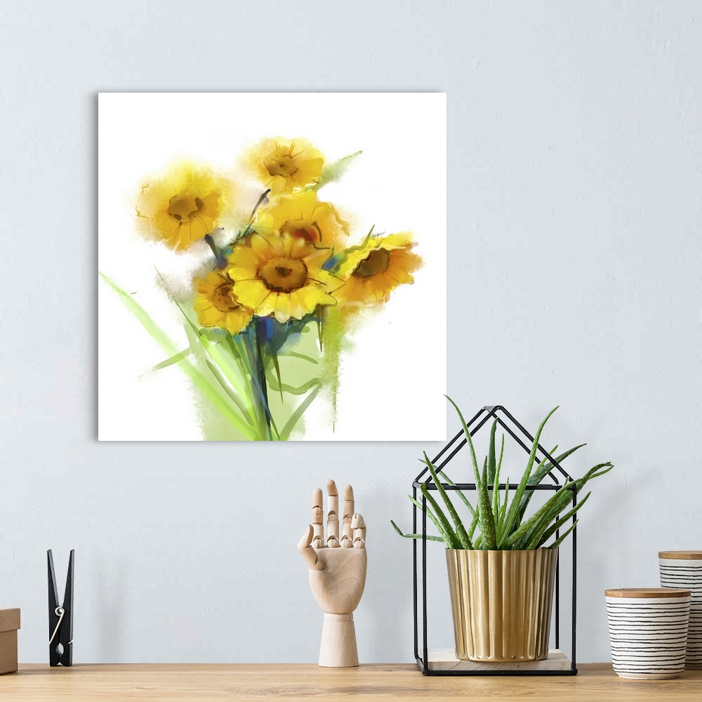 A bohemian room featuring Originally an oil painting still life yellow sunflowers with green leaf on white background. Orig...