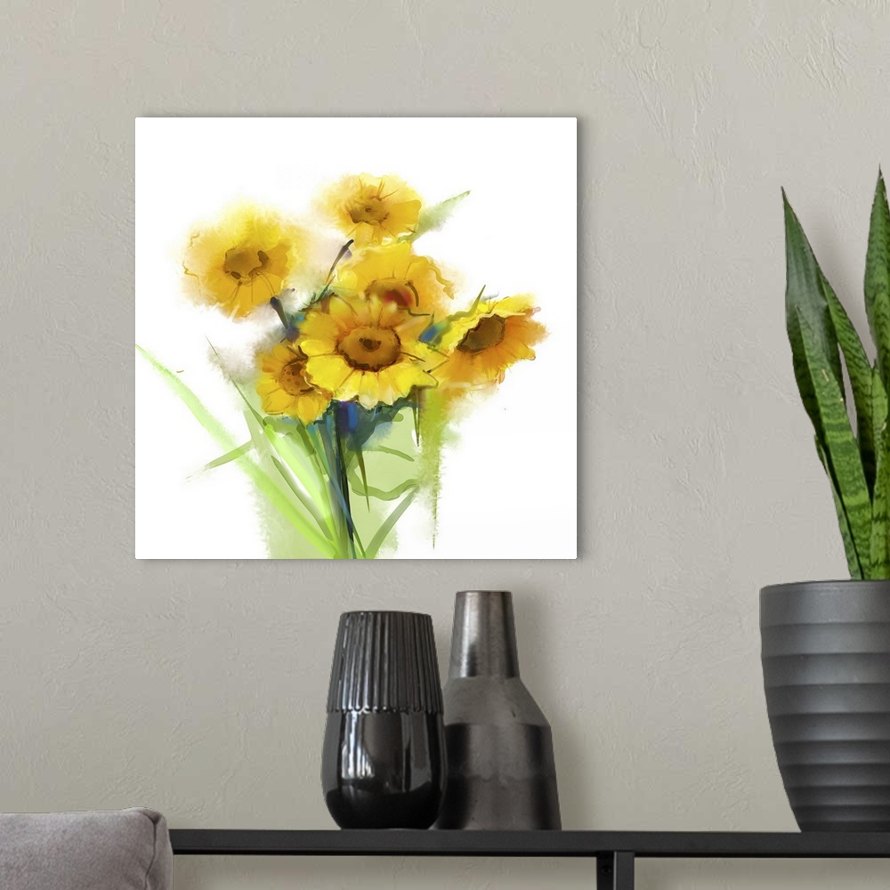 A modern room featuring Originally an oil painting still life yellow sunflowers with green leaf on white background. Orig...