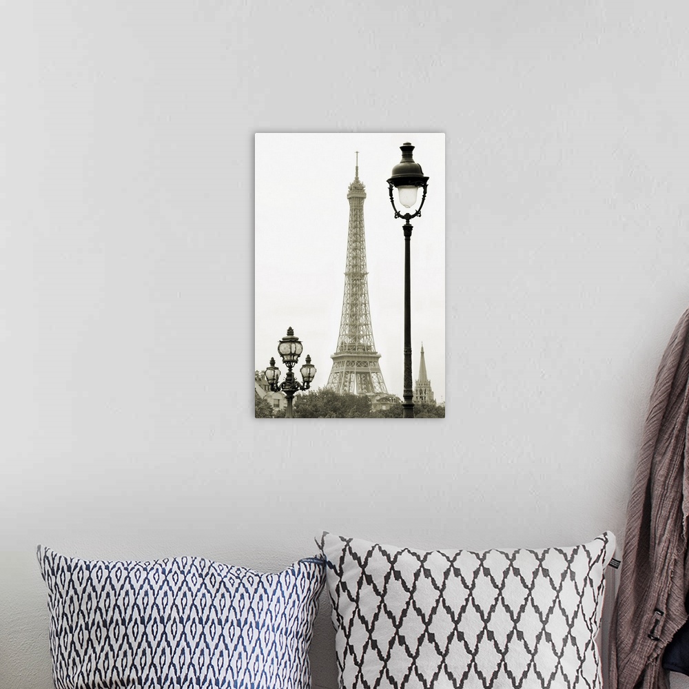 A bohemian room featuring Street lanterns on the Alexandre III Bridge against the Eiffel Tower in Paris, France.