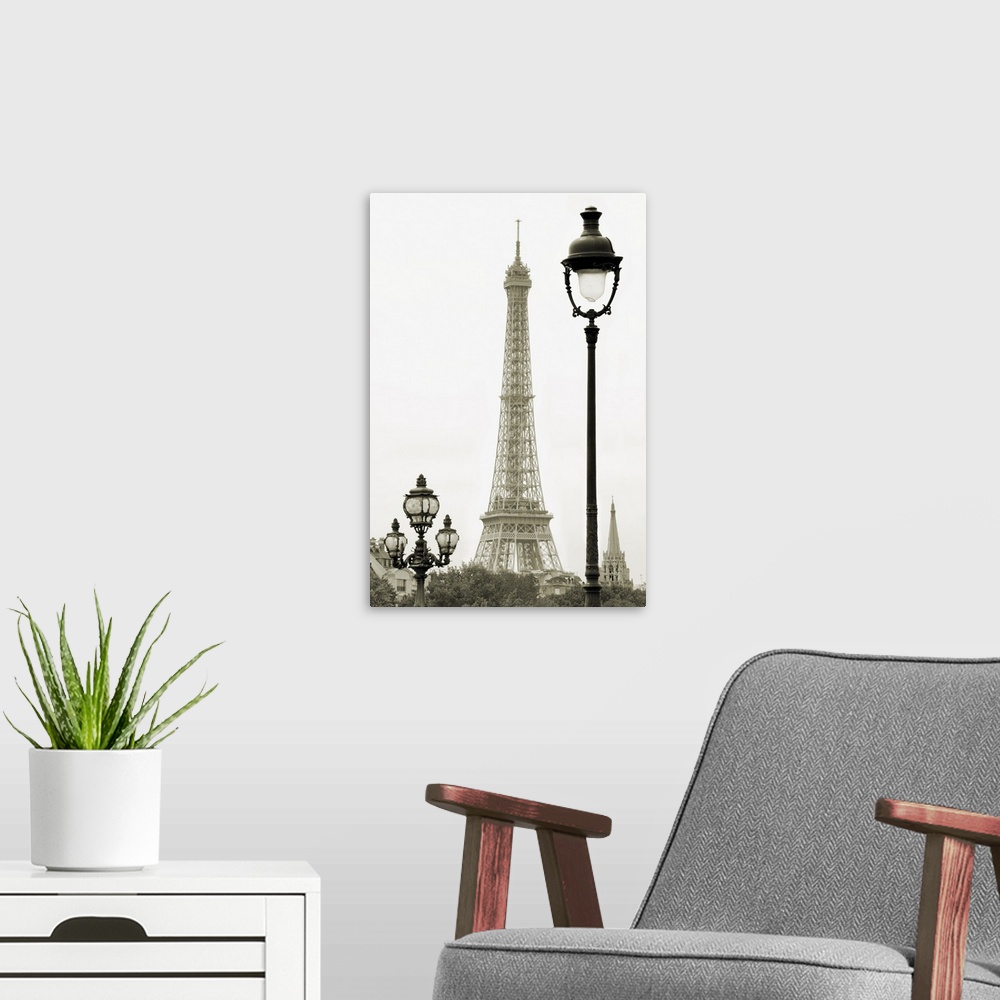 A modern room featuring Street lanterns on the Alexandre III Bridge against the Eiffel Tower in Paris, France.
