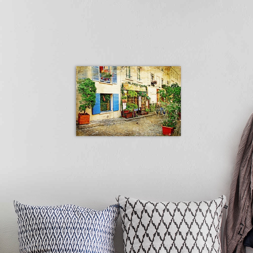 A bohemian room featuring Streets of old Montmartre, Paris, in a watercolor style.