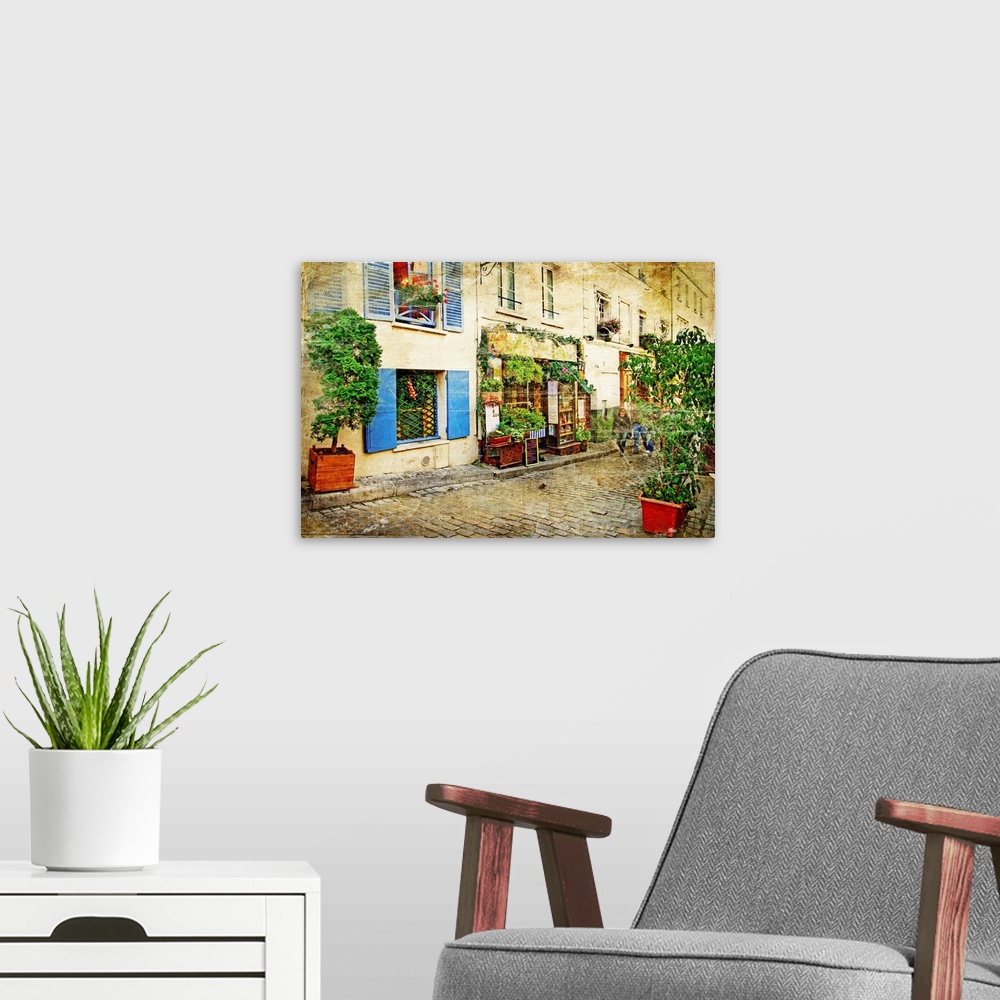 A modern room featuring Streets of old Montmartre, Paris, in a watercolor style.