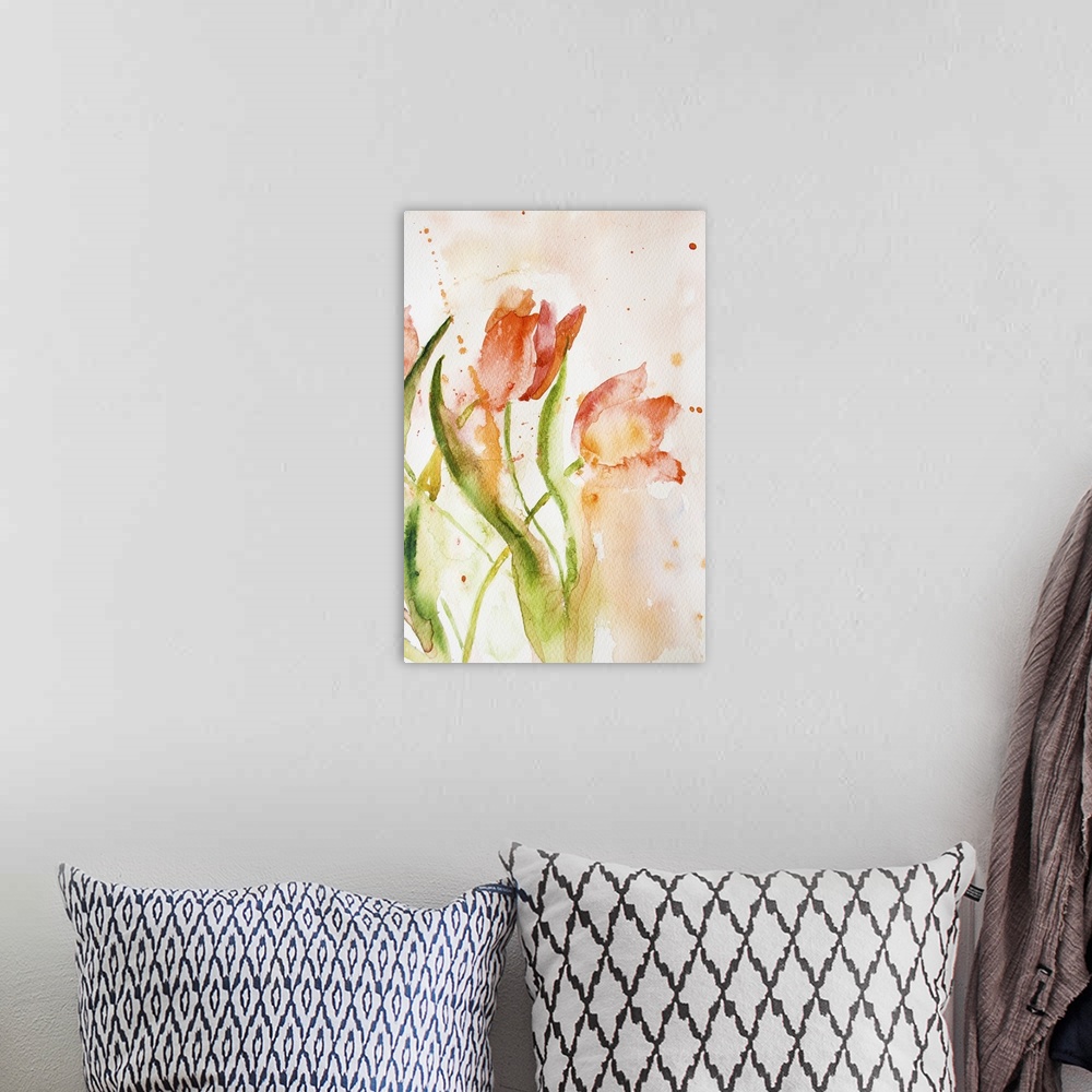 A bohemian room featuring Watercolor background with stylized tulips flowers.