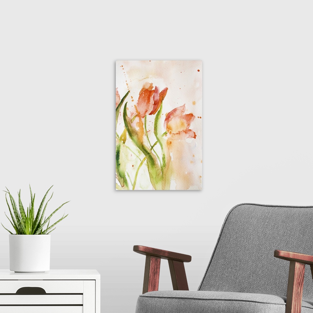 A modern room featuring Watercolor background with stylized tulips flowers.
