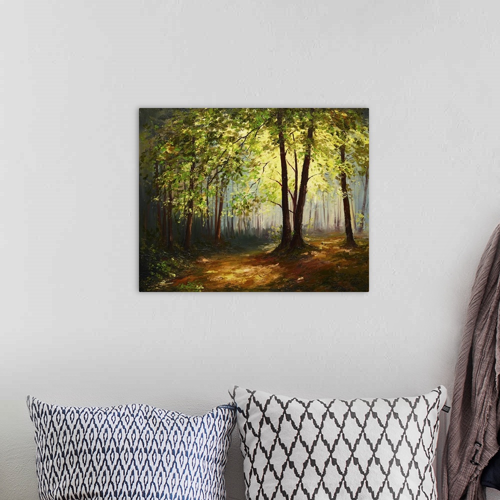 A bohemian room featuring Originally an oil painting landscape of summer forest, colorful abstract art.