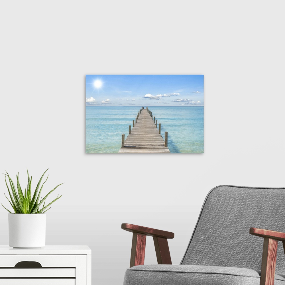 A modern room featuring Summer, travel, vacation and holiday concept - wooden pier in Phuket, Thailand.