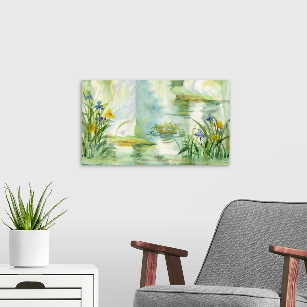 A modern room featuring Summer pond, originally a watercolor illustration.