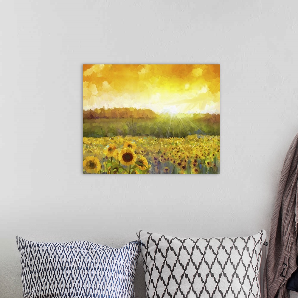 A bohemian room featuring Sunflower flower blossom. Originally an oil painting of a rural sunset landscape with a golden su...