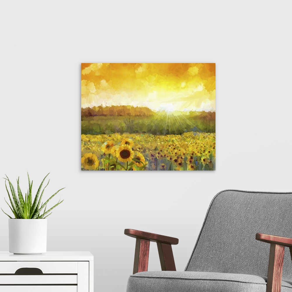 A modern room featuring Sunflower flower blossom. Originally an oil painting of a rural sunset landscape with a golden su...