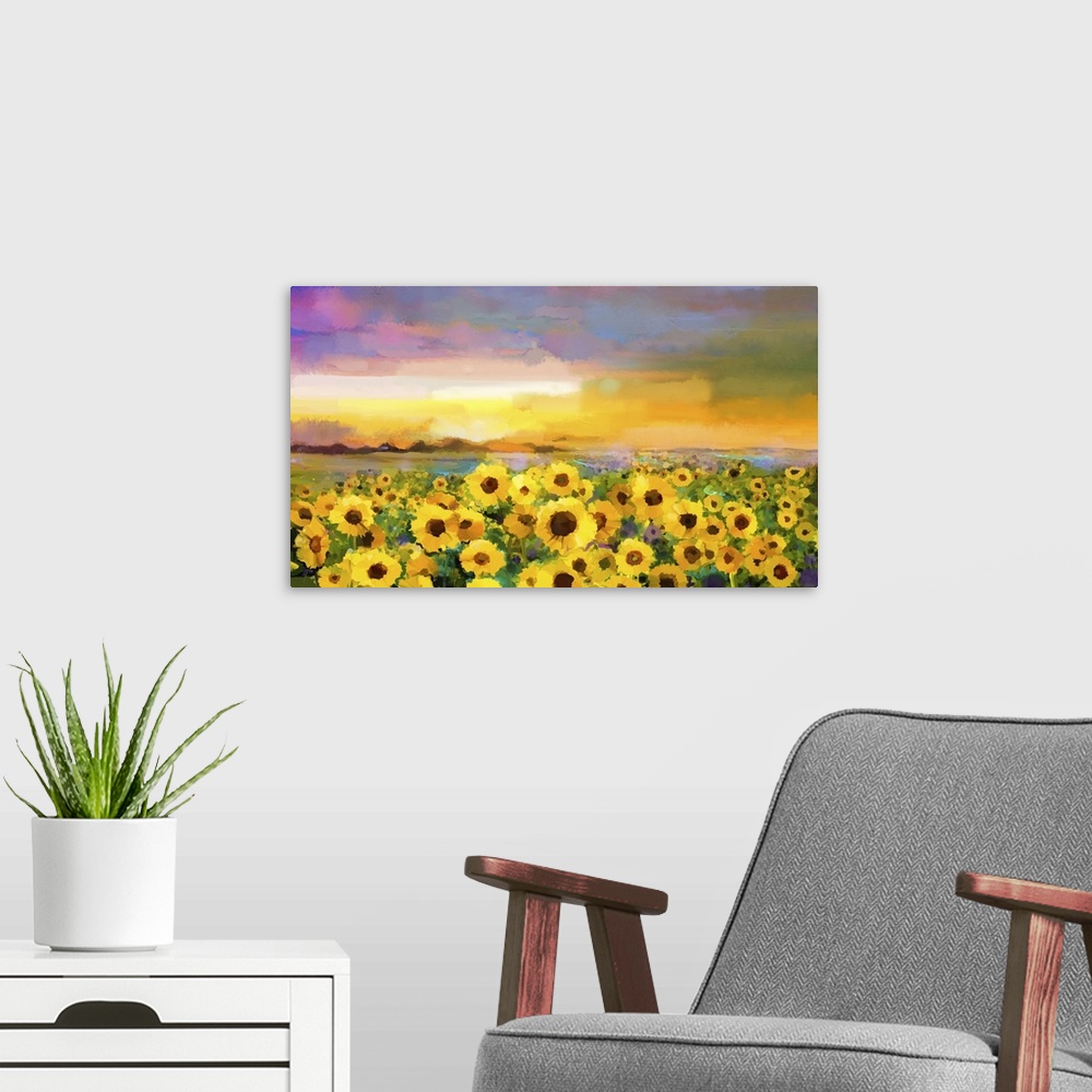 A modern room featuring Sunflowers And Daisies In Field