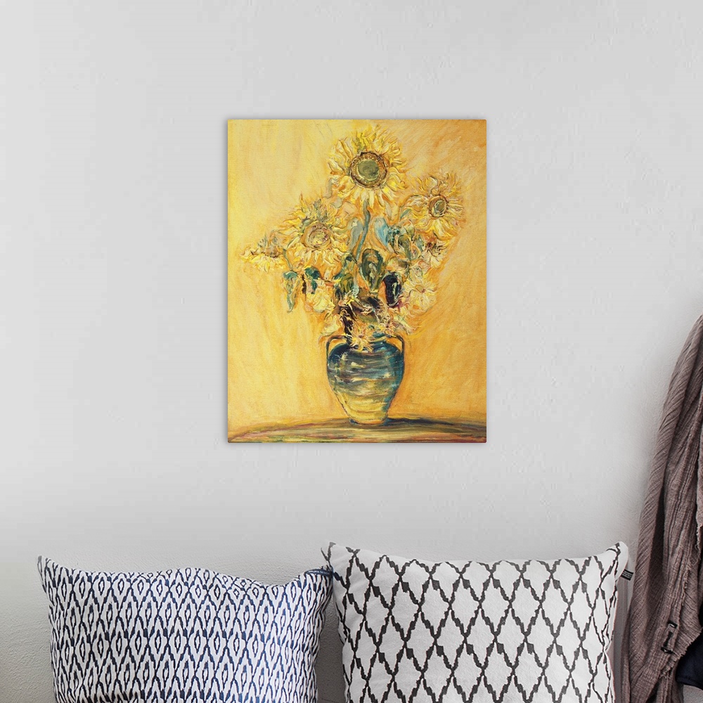 A bohemian room featuring Originally an oil painting of bright colorful sunflower bouquet over a yellow-orange background.