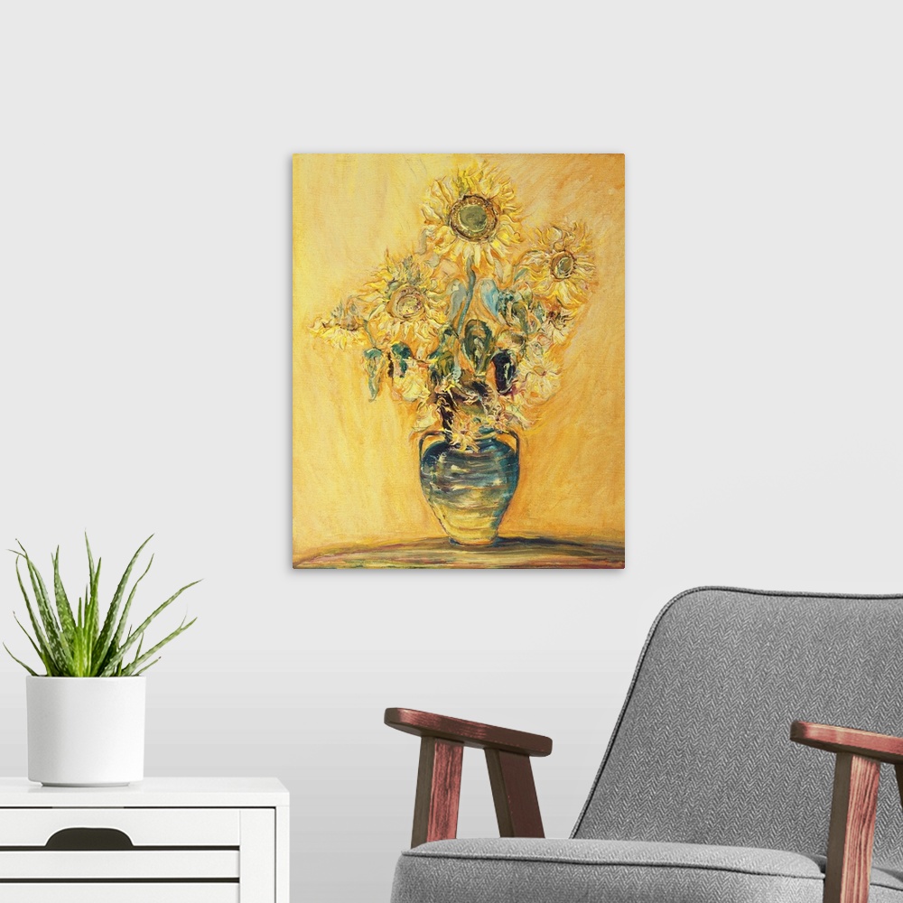 A modern room featuring Originally an oil painting of bright colorful sunflower bouquet over a yellow-orange background.