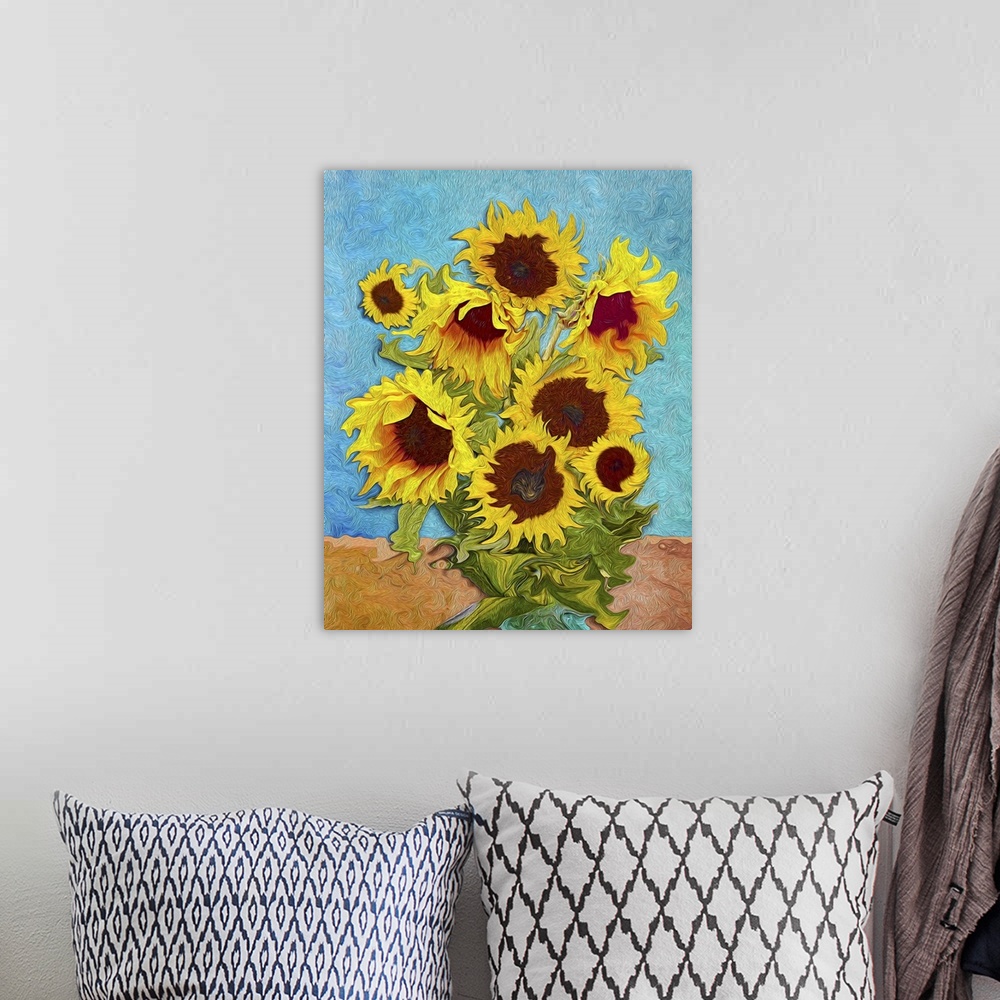 A bohemian room featuring Sunflowers, originally digital art like impressionism painting.