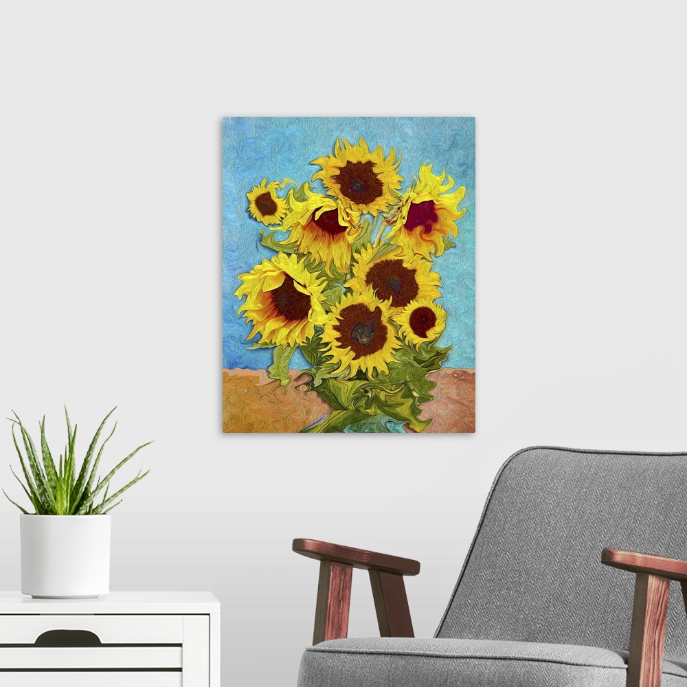 A modern room featuring Sunflowers, originally digital art like impressionism painting.