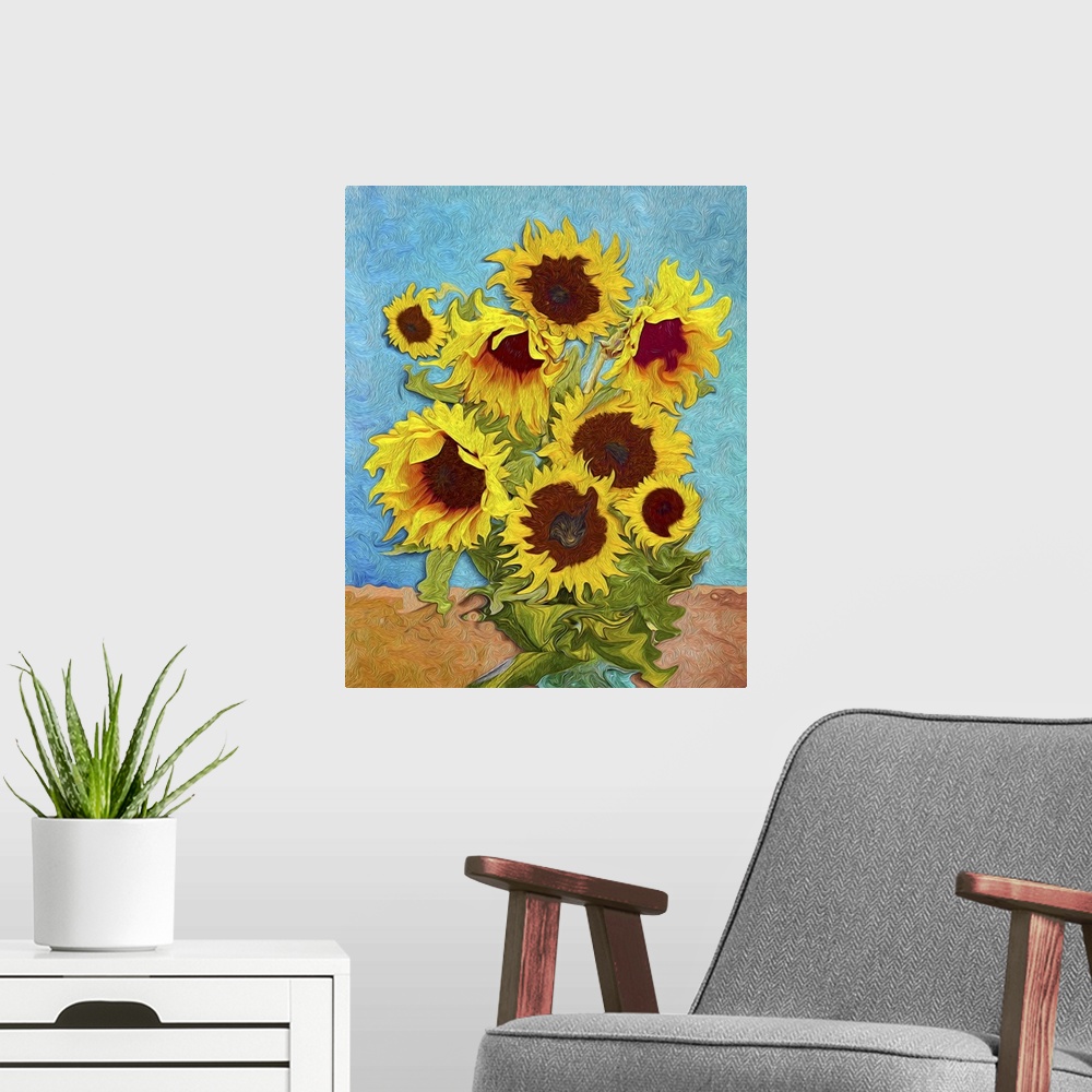 A modern room featuring Sunflowers, originally digital art like impressionism painting.