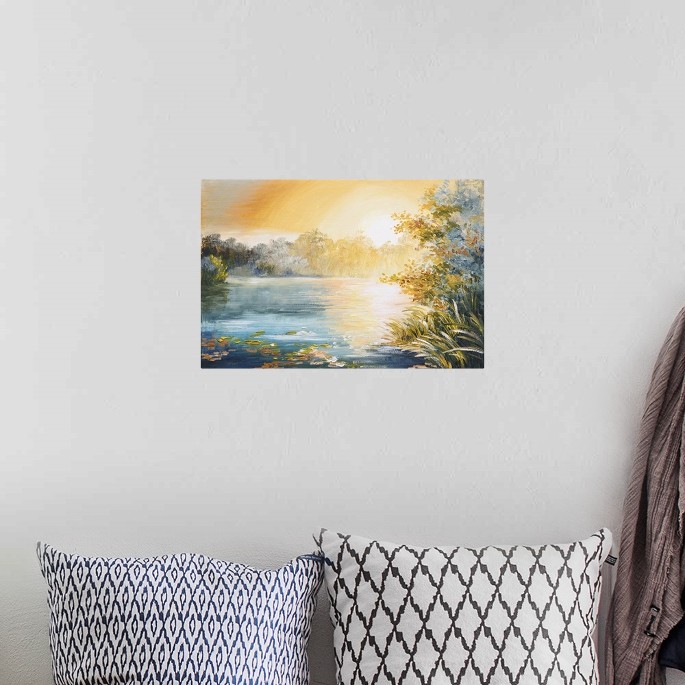 A bohemian room featuring Originally painting of sunset on the lake, bright sunset.