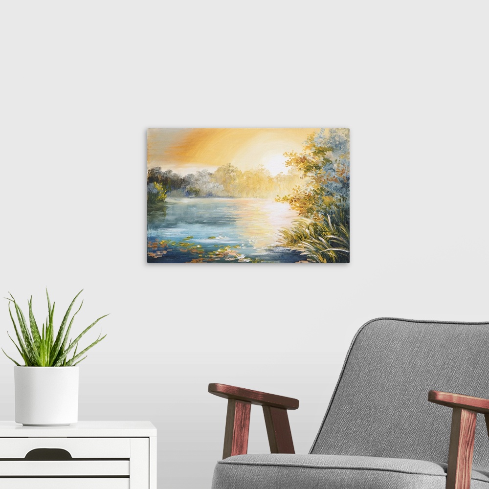 A modern room featuring Originally painting of sunset on the lake, bright sunset.