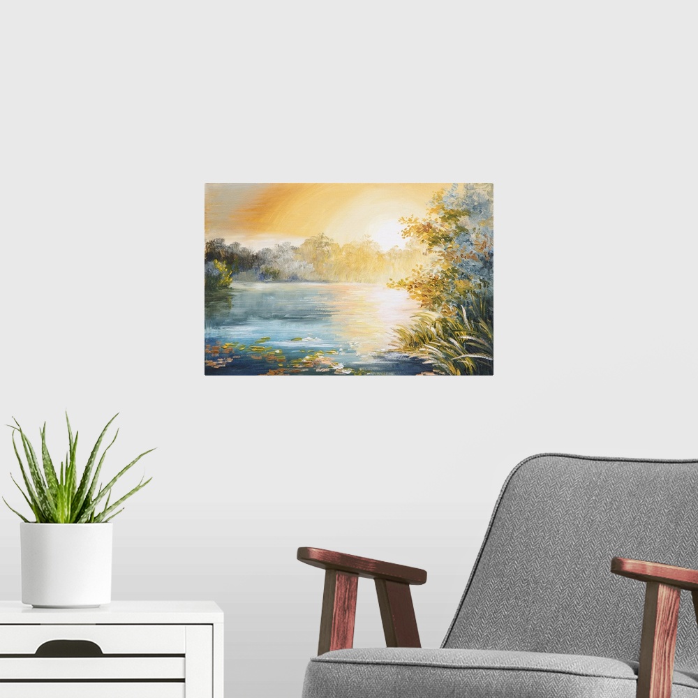 A modern room featuring Originally painting of sunset on the lake, bright sunset.