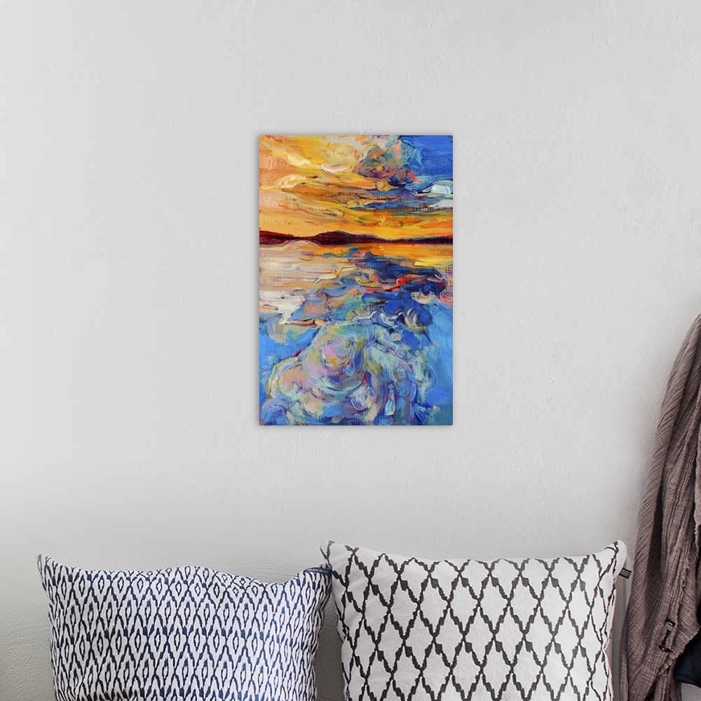 A bohemian room featuring Originally an oil painting of sea and sky on canvas. Sunset over ocean. Modern impressionism.