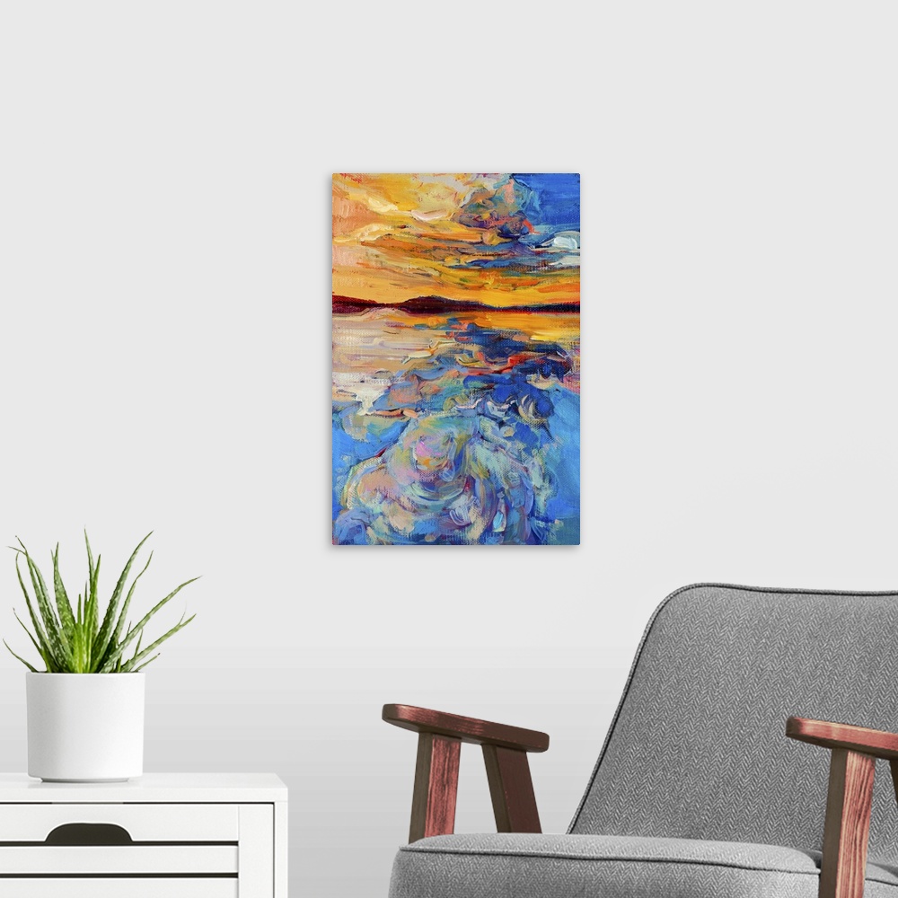 A modern room featuring Originally an oil painting of sea and sky on canvas. Sunset over ocean. Modern impressionism.