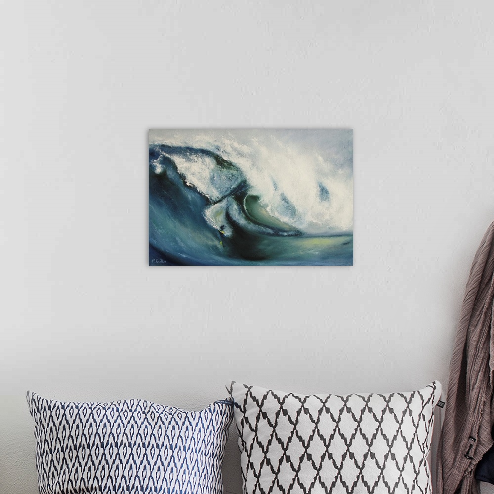 A bohemian room featuring Originally oil paint on canvas with surfing.