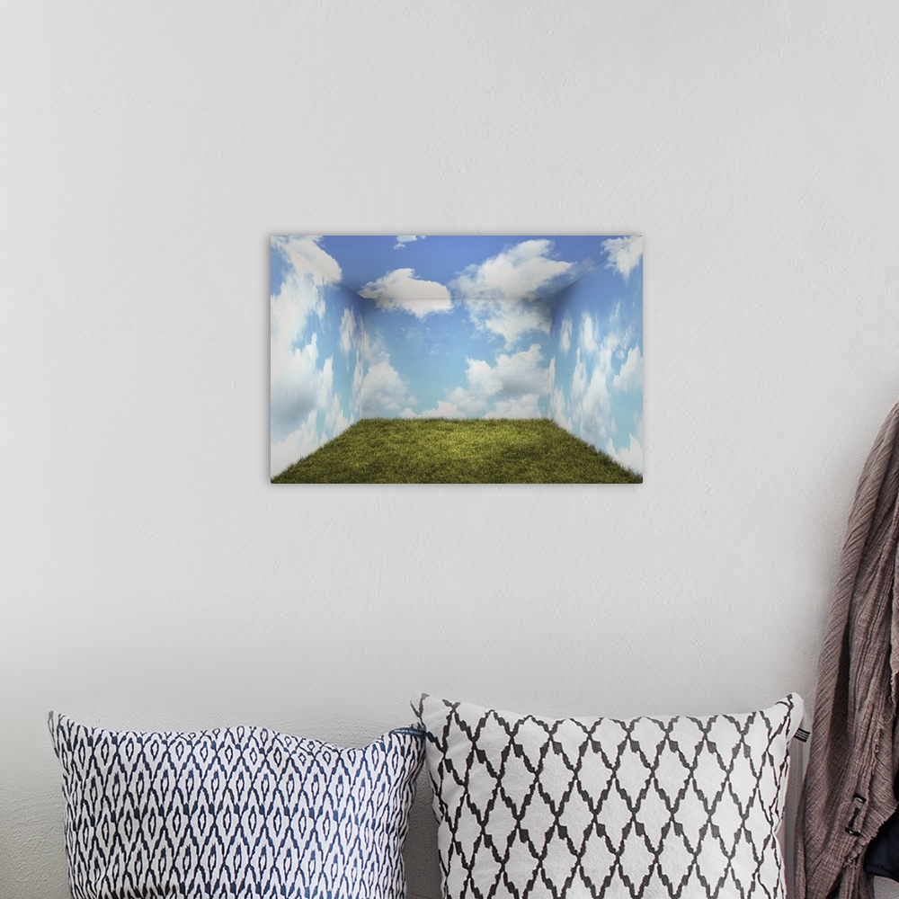 A bohemian room featuring Surreal room with grass and clouds.