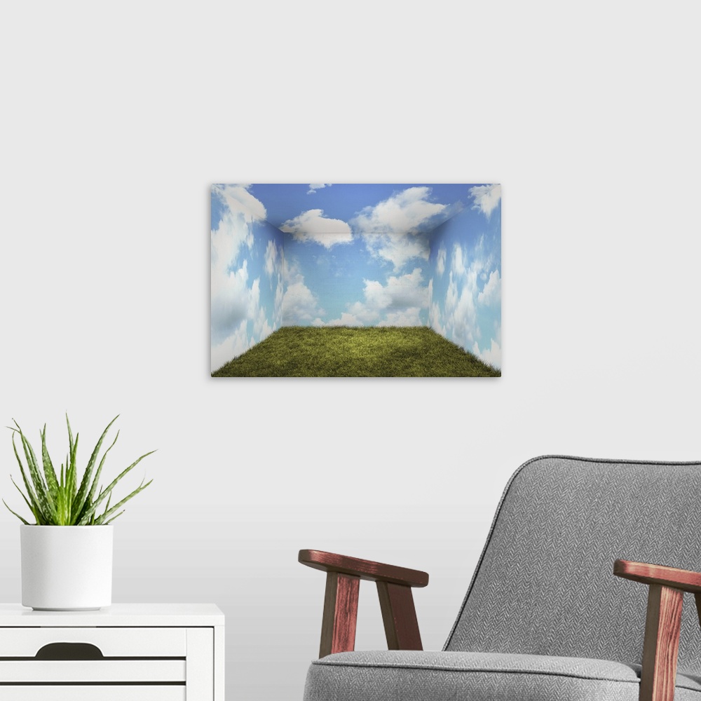 A modern room featuring Surreal room with grass and clouds.