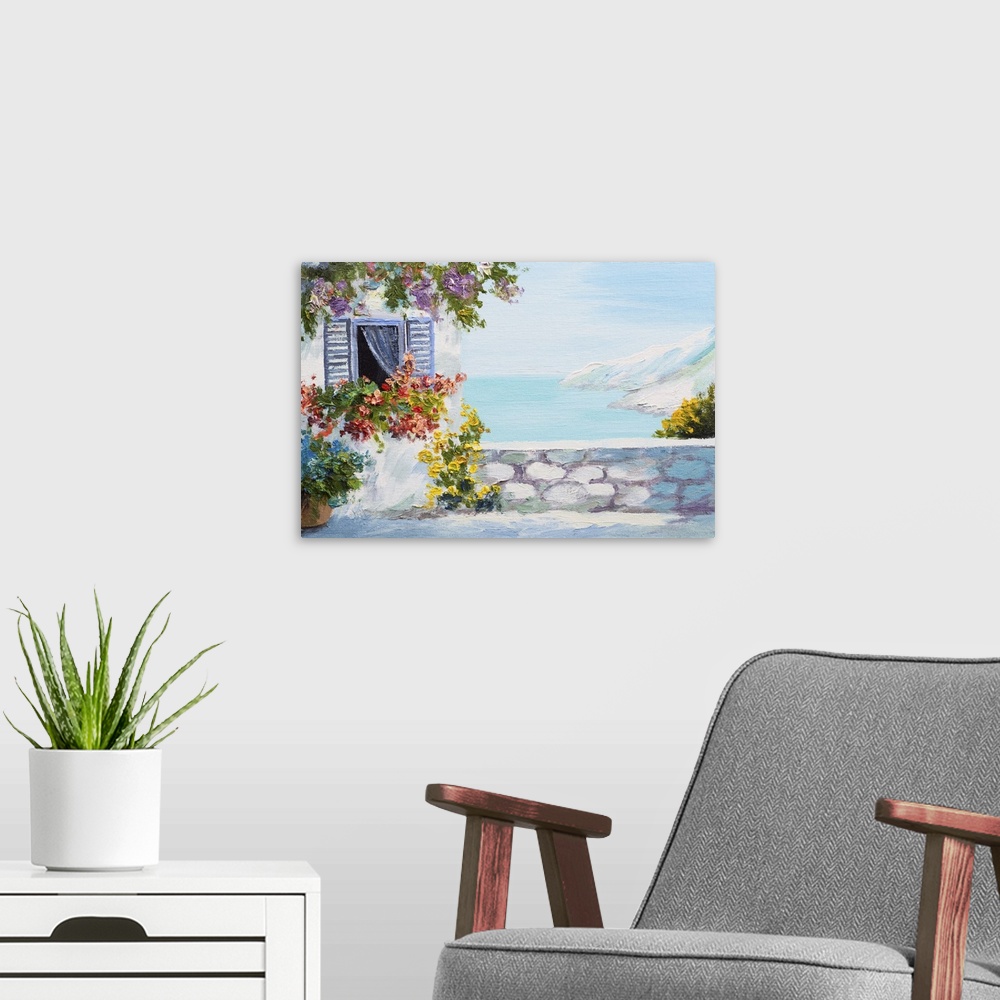 A modern room featuring Originally an oil landscape painting of terrace near sea, flowers.