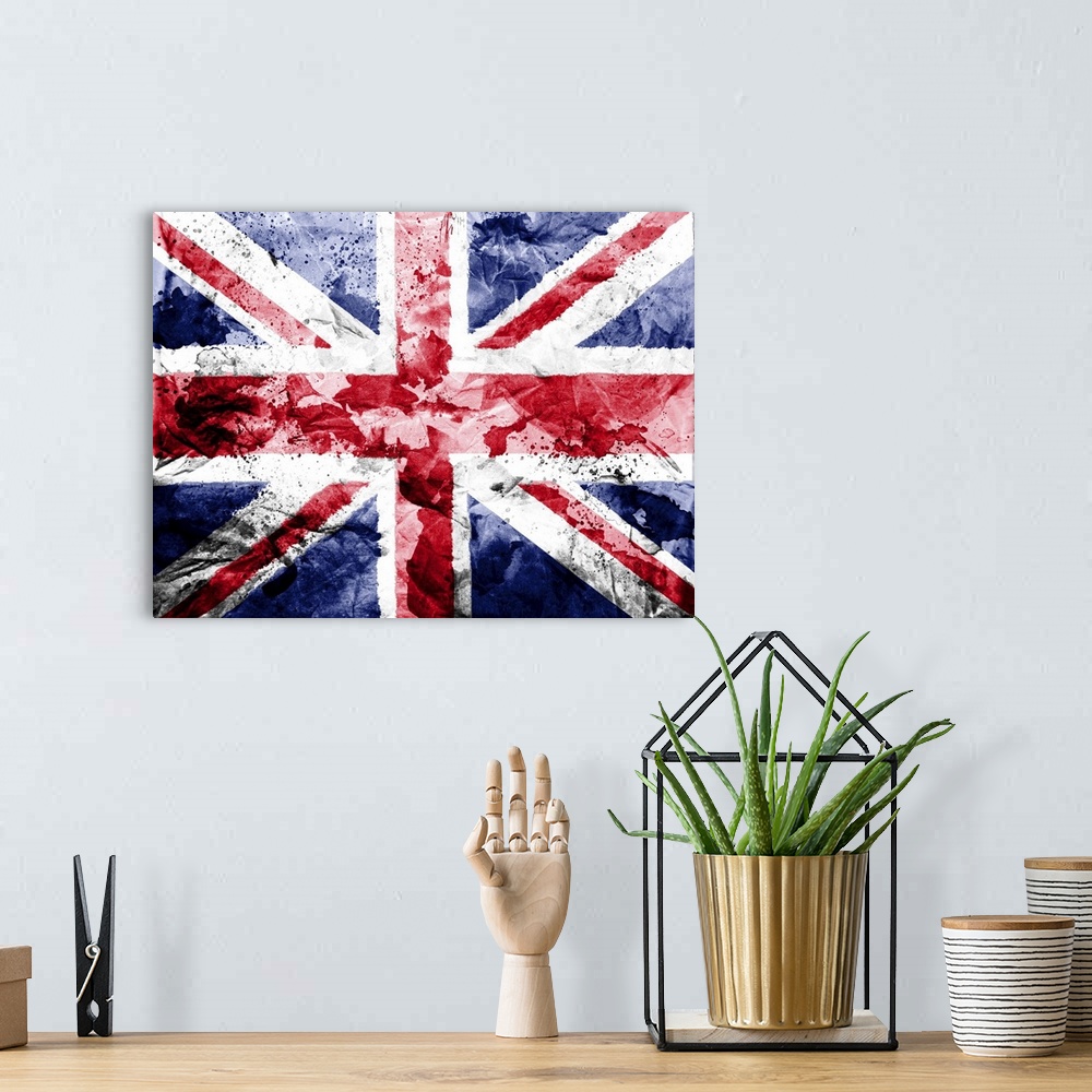 A bohemian room featuring Britain. British flag painted dirty and grungy paper.