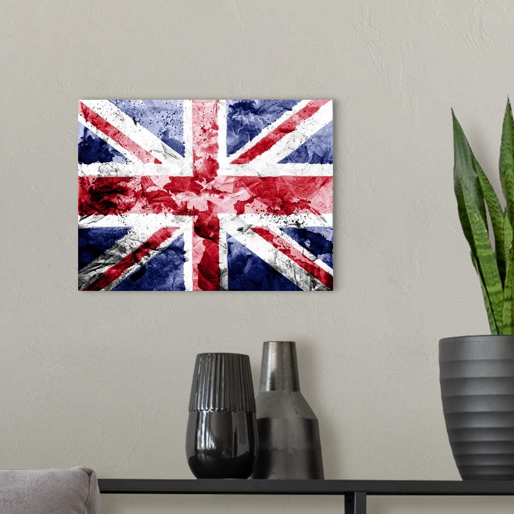 A modern room featuring Britain. British flag painted dirty and grungy paper.