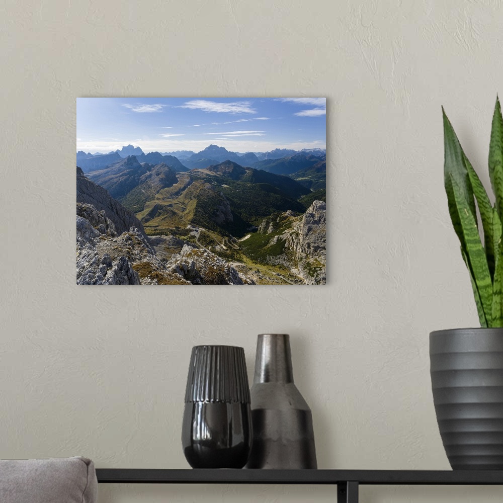 A modern room featuring The dolomites in the Veneto. Mount Pelmo and the Civetta in the background. The dolomites are lis...