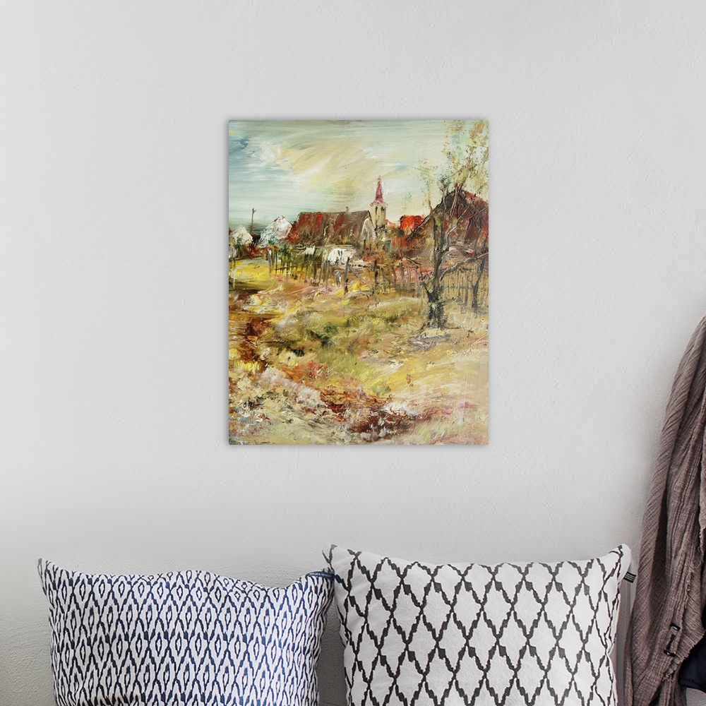 A bohemian room featuring The village with church, originally an oil painting.