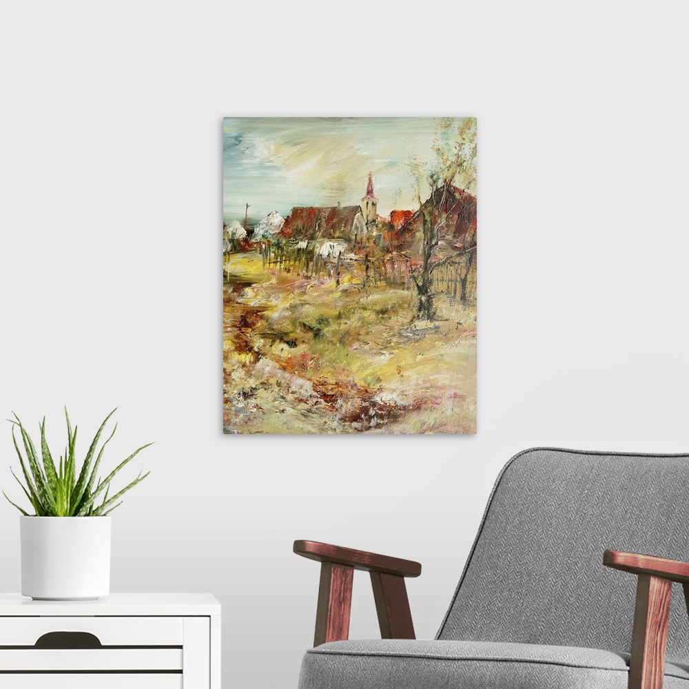 A modern room featuring The village with church, originally an oil painting.