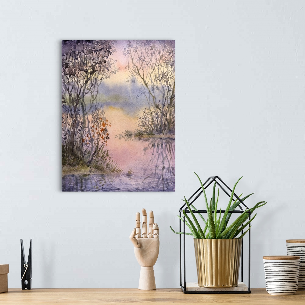 A bohemian room featuring Watercolor landscape of a quiet corner of the lake the evening with thickets of trees and shrubs ...