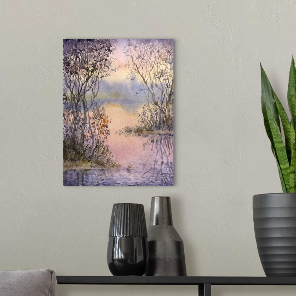 A modern room featuring Watercolor landscape of a quiet corner of the lake the evening with thickets of trees and shrubs ...