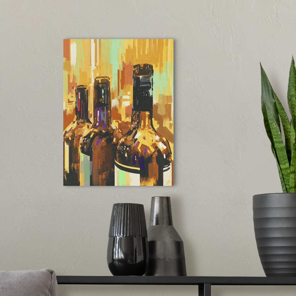A modern room featuring Colorful painting, three bottles of wine, originally an illustration.