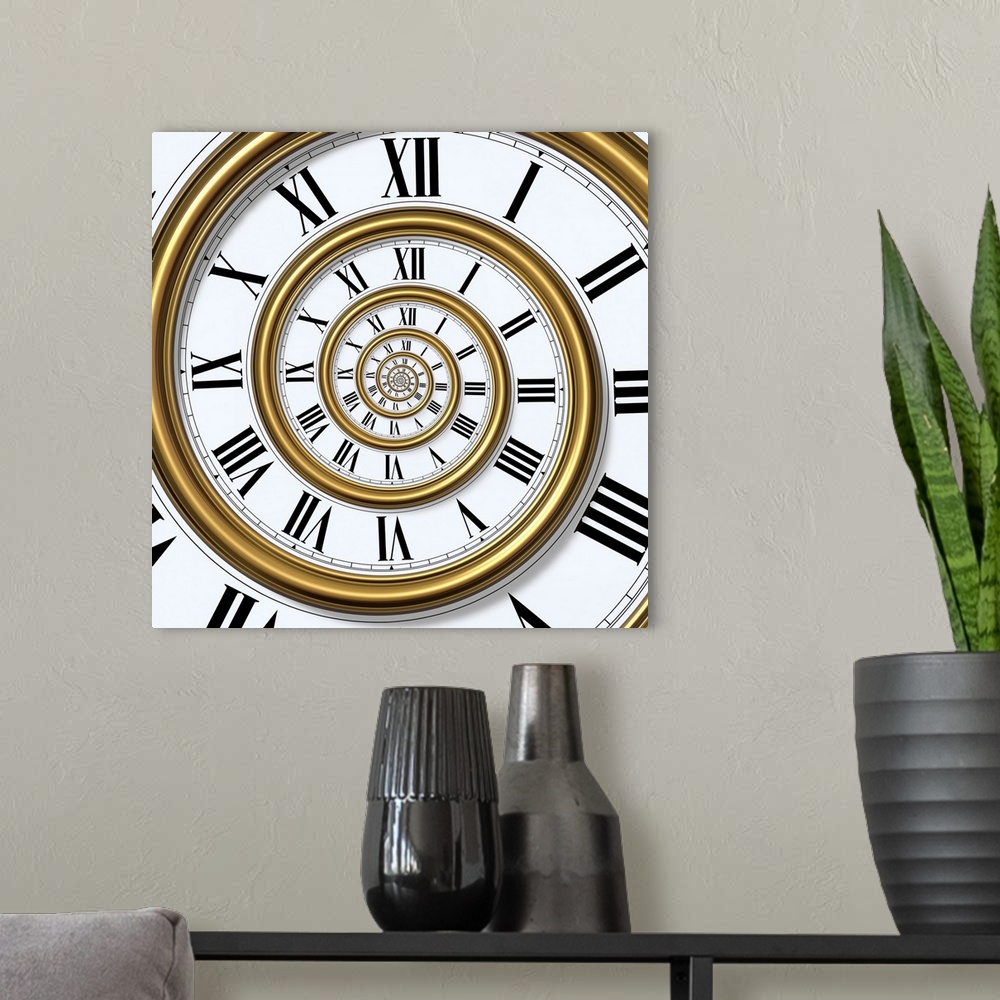 A modern room featuring 3D concept with classic roman wall clock.