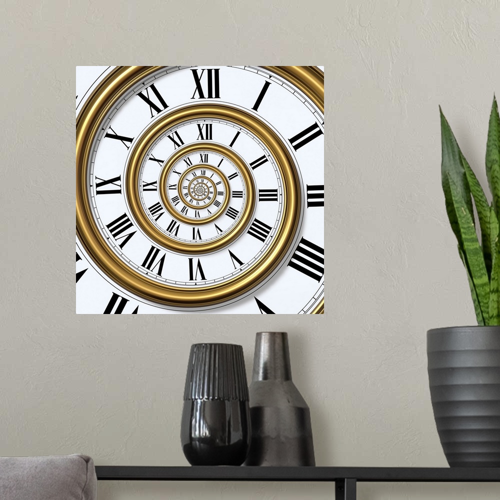 A modern room featuring 3D concept with classic roman wall clock.