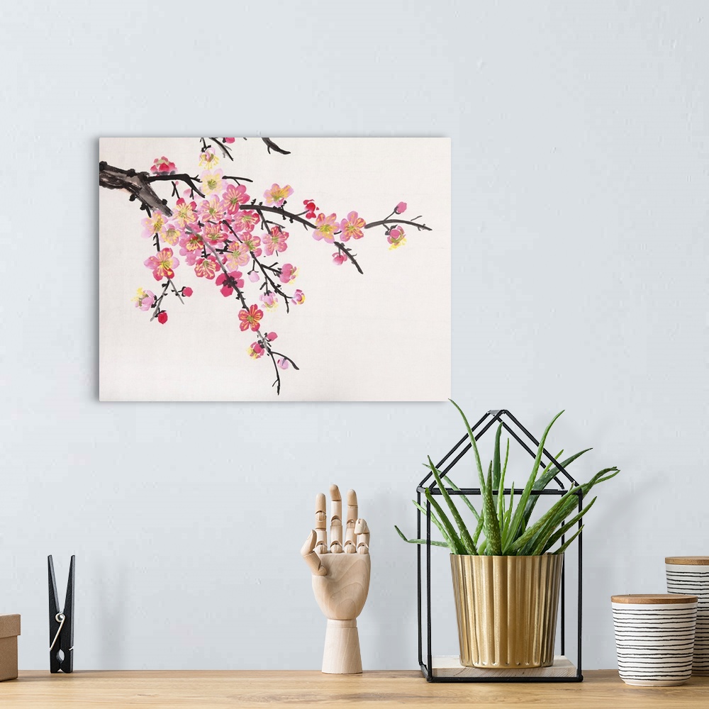 A bohemian room featuring Traditional Chinese painting of flowers, close-up of plum blossoms on a white background.