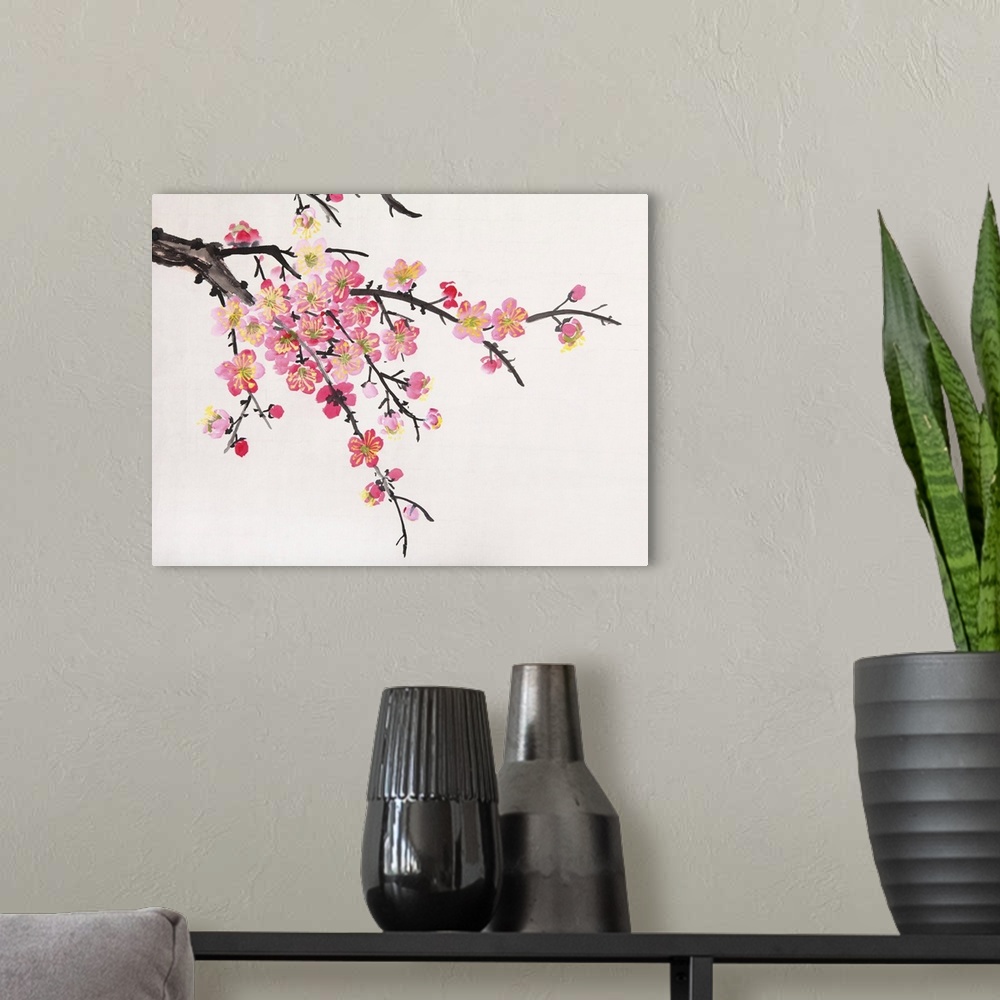A modern room featuring Traditional Chinese painting of flowers, close-up of plum blossoms on a white background.