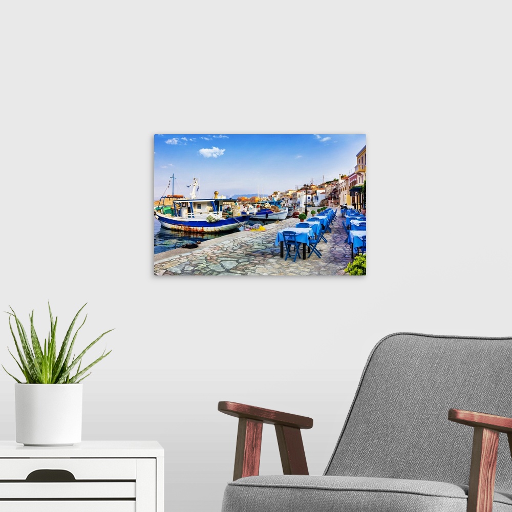 A modern room featuring Traditional Greece Series - Chalki Island With Old Boats And Taverna