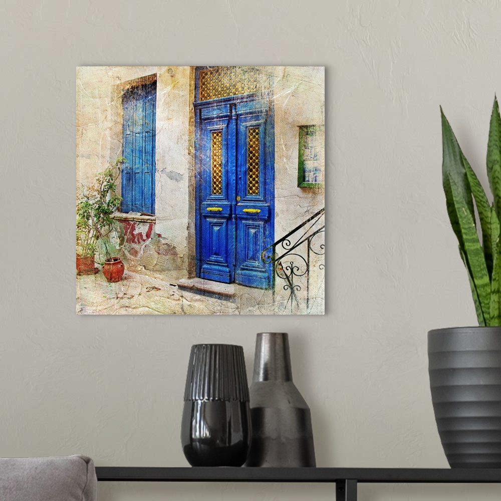 A modern room featuring Traditional Greek streets -artwork in painting style.